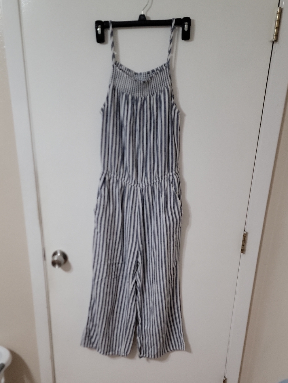 Old Navy Navy and White Striped Smocked Jumpsuit